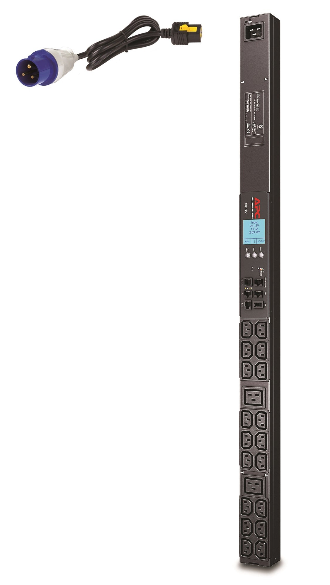 APC RACK PDU 2G, METERED, ZEROU, 16A, 230V, (18) C13 & (2) C19, IEC309 CORD