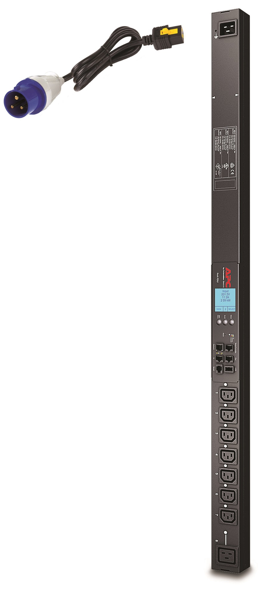 APC RACK PDU 2G, SWITCHED, ZEROU, 16A, 230V, (7) C13 & (1) C19, IEC309 CORD