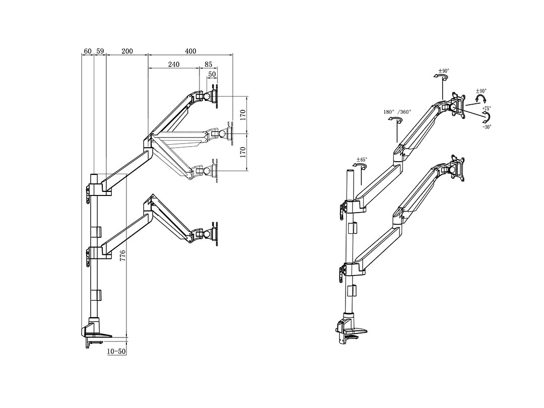 M VESA GAS LIFT ARM DUAL STACKED POLE