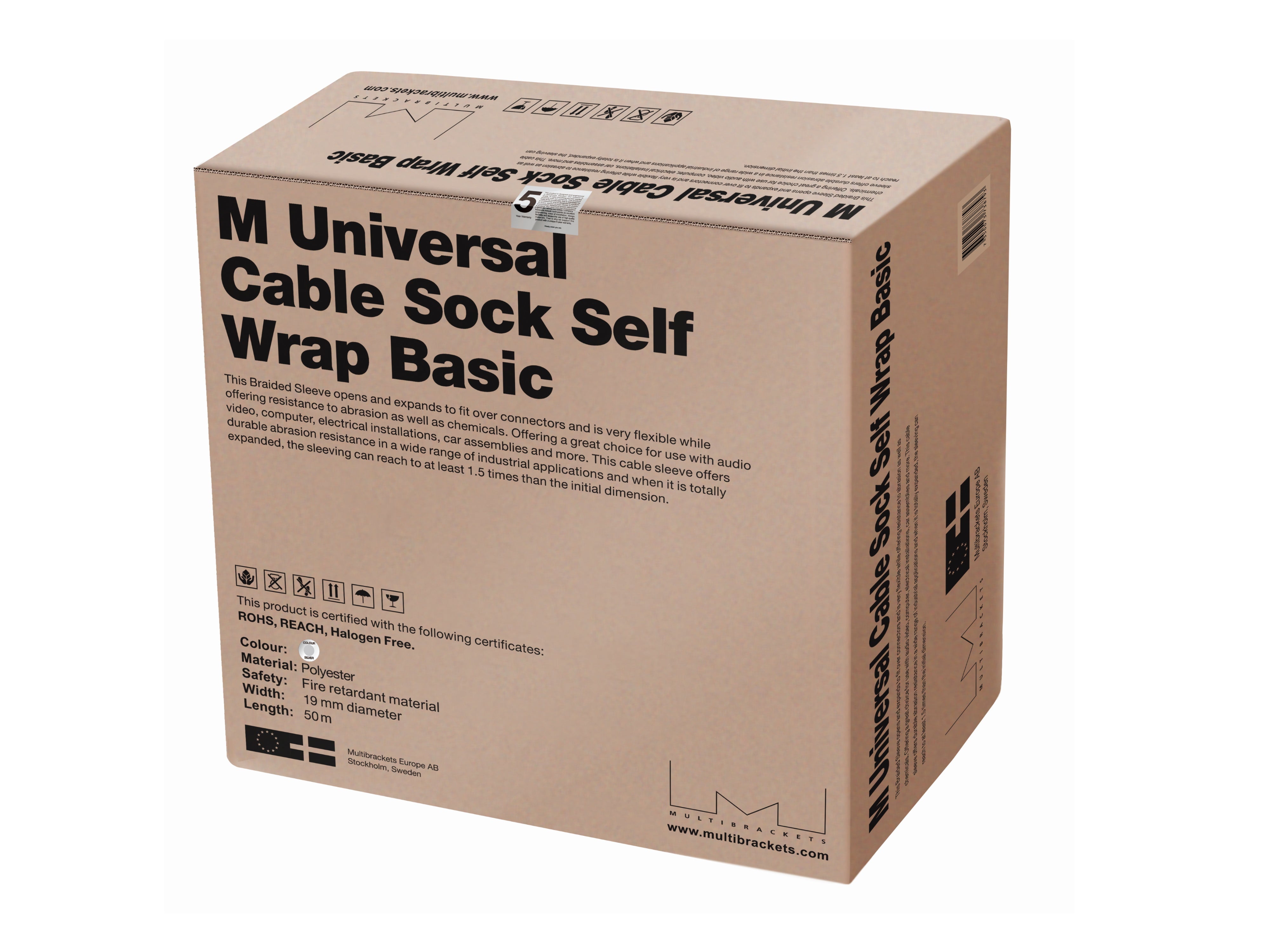 M UNIVERSAL CABLE SOCK SELF WRAP BASIC 19MM SILVER 50M